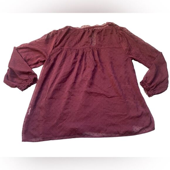 Abercrombie Burgundy Dotted Ruffle Tie Neck Long Sleeve Blouse - Picture 3 of 7